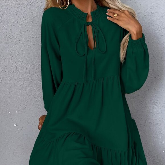 Dark Green Women's Tie Neck Lantern long Sleeve Smock Dress - Picture 3 of 6